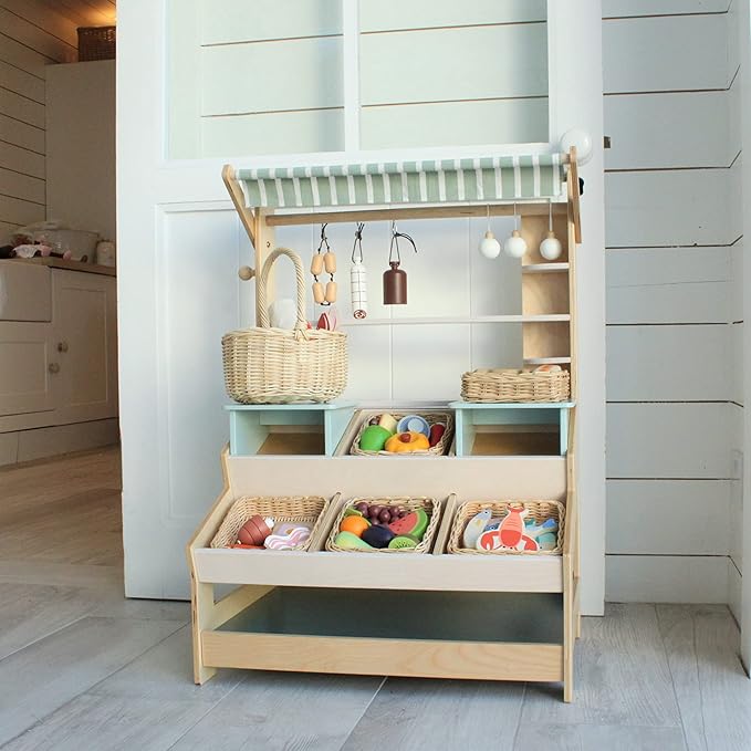 Tender Leaf Toys - Fruity Basket - 6 Pcs Solid Wood Fruits with Hand-Crafted Basket, Pretend Food Toy Playset Supermarket Shopping Game Play Kitchen Farmer's Market Accessories for Kids - Age 3+