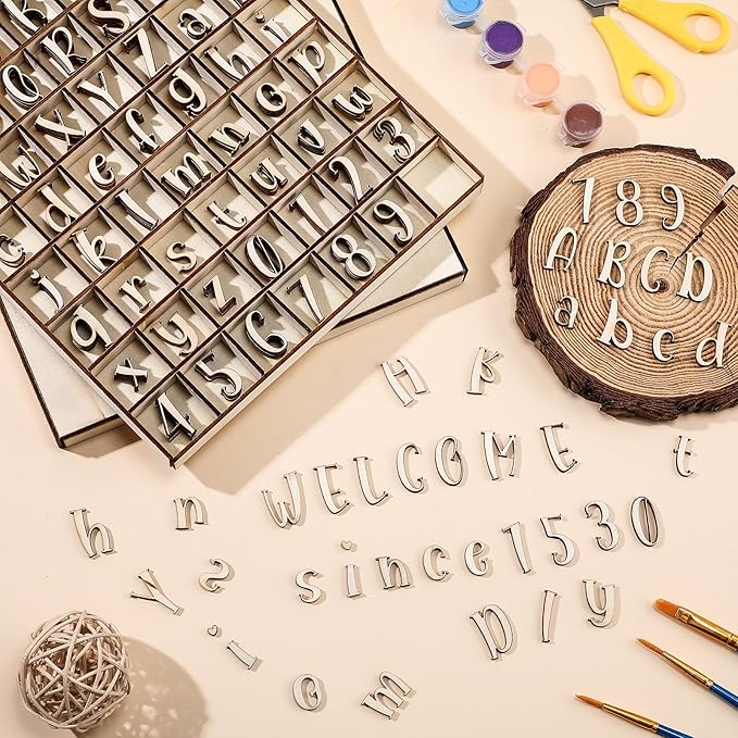 Geelin 248 Pcs 1 Inch Wood Alphabet Letters Numbers with Storage Box Blank Unfinished Wooden Letters Numbers with Rustic Storage Tray for Spelling Learning Education DIY Crafts
