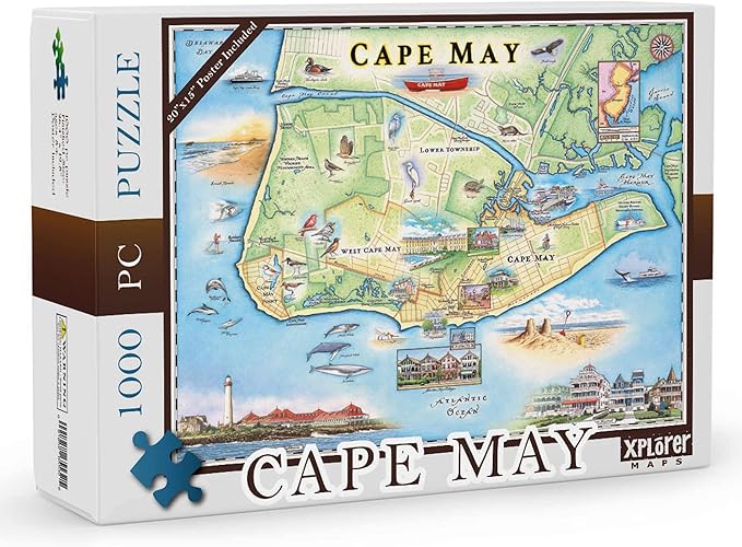 New Jersey's Cape May Map Jigsaw Puzzle - 1000 Pieces, Hand-Illustrated - Educational & Fun Family Activity, Ages 7+, Includes Poster