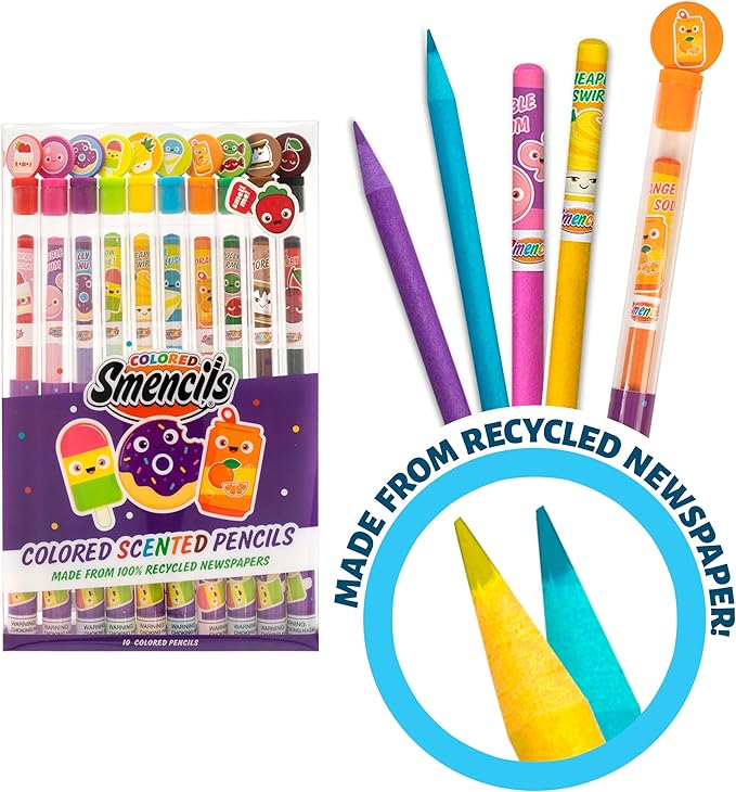 Colored Smencils - Patented Gourmet Scented Colored Pencils made from Recycled Newspapers, 10 Count, Gifts for Kids, School Supplies, Classroom Rewards