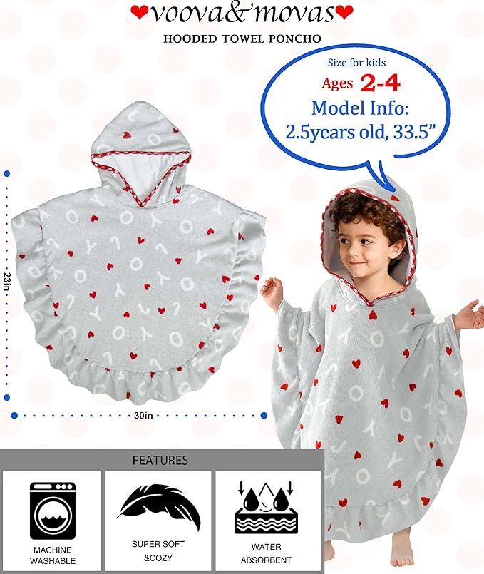 VOOVA & MOVAS Toddler Hooded Towel Poncho with Ruffle Trim | Soft 100% Cotton | Absorbent Thick Towel for Bath, Swim, Beach & Winter | Cozy, Gray Joy