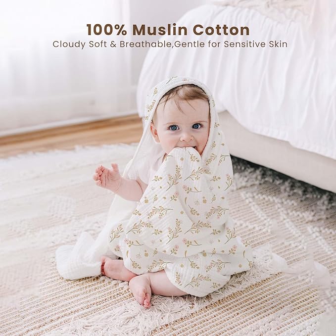 Konssy 2-Pack Muslin Hooded Baby Towels, 100% Cotton, Ultra-Soft & Absorbent Baby Bath Towels with Hood for Newborn & Infant (Pink, Floral,32" x 32")
