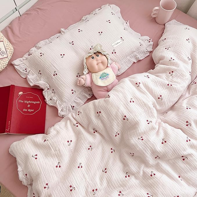 BuLuTu Cotton Muslin Ruffle Edge Kids Toddler Pillowcase Standard,Cherry Pattern Soft Travel Pillow Nursery Pillowcase for Boys,Girls,Bedding Decor Machine Washable, Durable Pillowcase 1 Piece