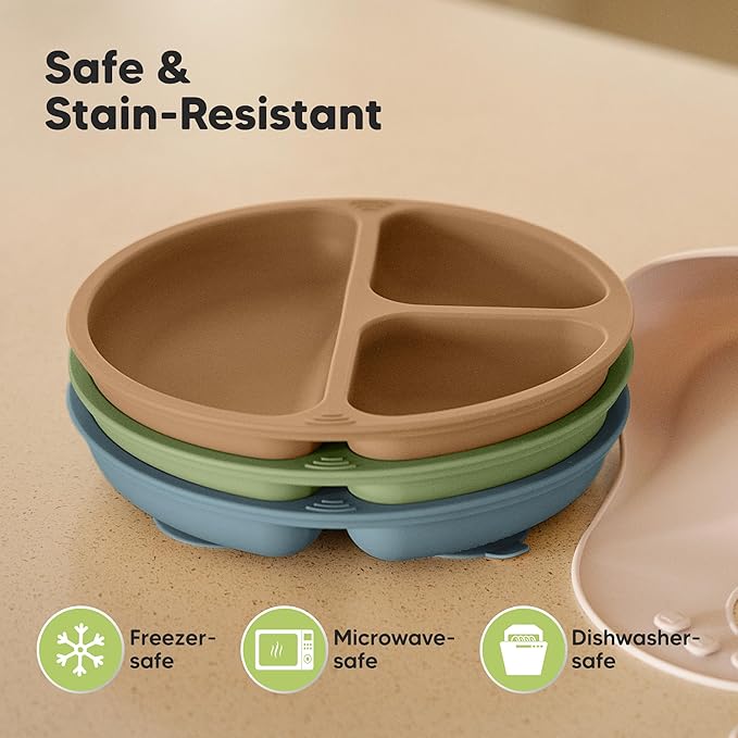 KeaBabies Suction Plates for Baby, Toddler - 3-Pack 100% Silicone Toddler Plates with Suction, Divided, BPA-Free Baby Led Weaning Essentials for Kids, Dishwasher, Microwave Safe, Durable (Desert)