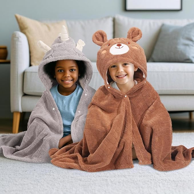 Toddler Towels for Boy 1-5,2 Pack 50" x 32" Baby Hooded Towel Boys, Ultra Thick and Soft Absorbent for Kids Cozy and Warm,Bath Essential for Newborn, Infant, Brown Bear& Gray Unicorn