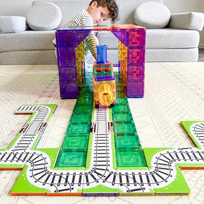 Learn & Grow Magnetic Tiles Train Track Road Toppers Set - 40PCs Road Expansion Pack (Tiles not included), Magnet Car Play Accessories, STEM Building Toy - Construction Toys for Toddlers & Kids Age 3+