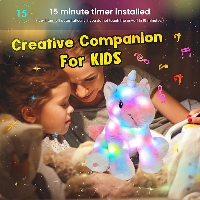 Hopearl LED Musical Stuffed Unicorn Colorful Lighting Up Singing Plush Toy Adjustable Volume Lullaby Animated Soothe Birthday Gifts for Kids Toddler Girls, Rainbow, 12''