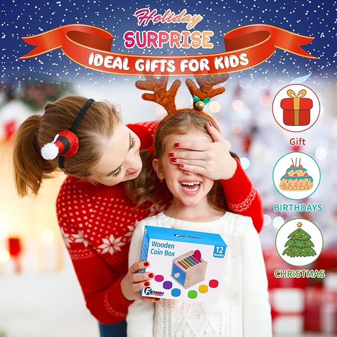 FCSONU Toddlers Montessori Coin Box Toys for 1 2 3 Year Old Boys Girls, Drawer Box Toy for Ages 2-4 Kids, Learning Color Sorting Sensory Toys, New Year Birthday for Baby 12-18 Months