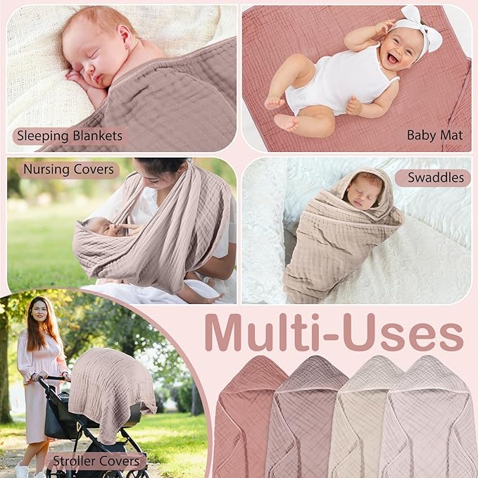 Peryiter 4 Pcs Muslin Hooded Baby Towels, 32"x 32" Cotton Newborn Bath Towel Muslin Infant Baby Blankets Absorbent Unisex Christmas Registry Gift Essentials for Girls Boys (Beige Series)