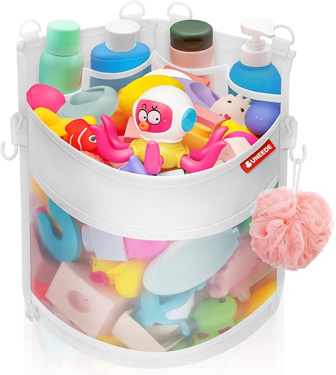UNEEDE 3.5 Gallons Corner Mounted Versatile Bath Toy Organizer, Mesh Shower Caddy for Bathtub Toy Organizer and Storage, Quick Dry Bath Toy Holder