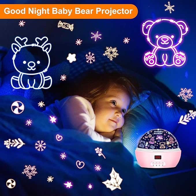 Kid Unicorn Night Light for Girls, and Baby Bear Night Lights Rotating Light Projector with Timer Color Changing Birthday Gifts for 3-5-10 Year Old Girls