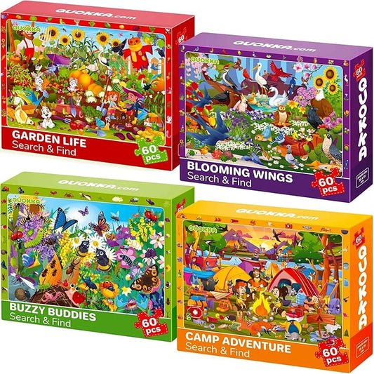 QUOKKA Puzzles for Kids Ages 6-8 - Toddler Puzzles 4-6 - 4-Pack 60 Piece Search and Find Animals and Bugs Jigsaw Puzzle 5-8 - Learning Toys for 3 yo Boys and Girls - Educational Games Gift Version II