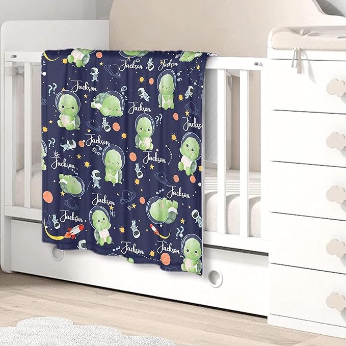 Personalized Custom Baby Blanket with Name - Astronaut Turtle Swaddle Blanket for Toddlers, Infants, Kids, Newborns - Nursery Stroller Crib Decor Throw - Birthday Gift