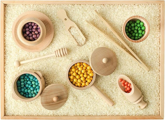 Blue Ginkgo Sensory Bin Tools – Montessori Fine Motor Skills Learning Set for Toddlers and Kids Pretend Play [9 PC] Kitchen Wooden Set with Scoops, Bamboo Tongs
