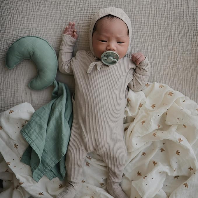 FRIGG Moon Natural Rubber Baby Pacifier | Made in Denmark | BPA-Free (Sage/Portobello, 6-18 Months) 2-Pack