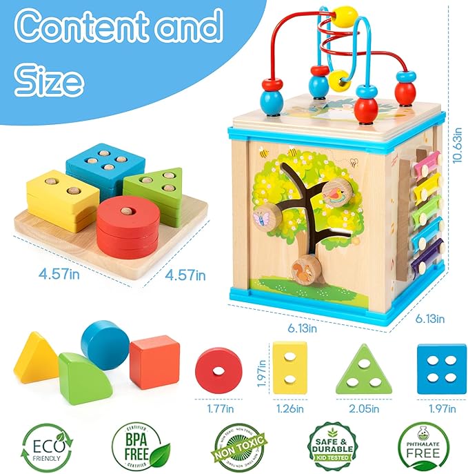 Wooden 7-in-1 Activity Cube, Montessori Toys for 1 Year Old Toddlers, Baby Educational Developmental Toys, One Year Old Boys Girls First Birthday Gifts with Bonus Sorting & Stacking Board