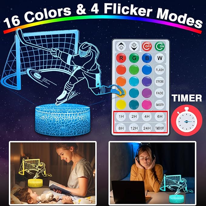 3D Ice Hockey Light Illusion, 16 Colors LED Night Light - Touch and Remote Control, Timer Tpye-C Dimmable Hockey Lamp, Room Home Decor