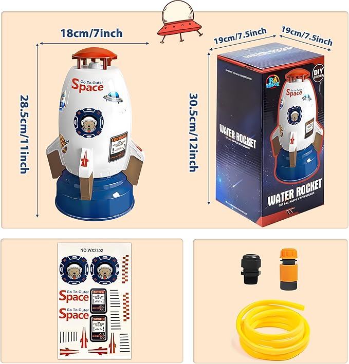 Water Rocket Sprinkler for Kids, Outdoor Sprinkler Rocket Launcher Toy for Backyard, Summer Water Toys for Kids Ages 3-12, Fun Water Powered Rocket Toy (White-1)