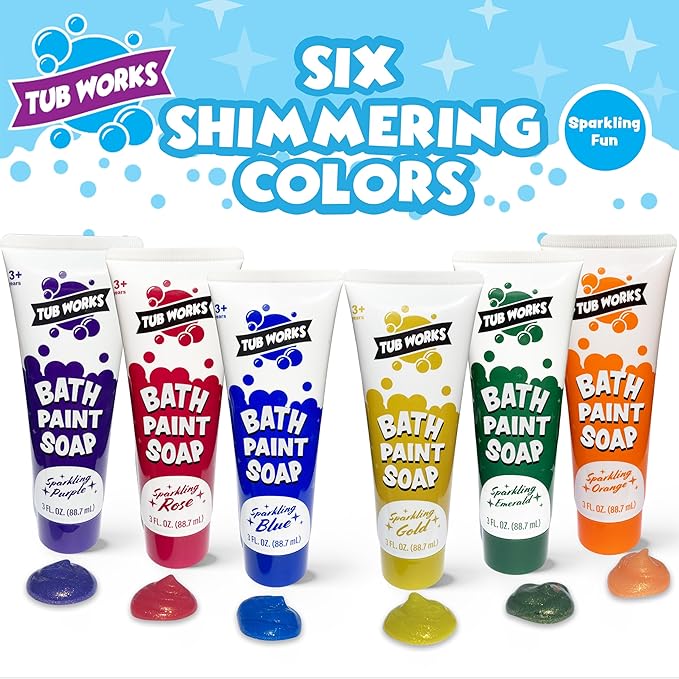 Tub Works® Bath Paint Soap Bath Toy, Shimmer 6 Pack | Non-Toxic | Washable Bathtub Paint for Finger Painting on Tub Walls | Ideal Toddler Bath Toys for Creative Play | Easy to Clean, Fun Paint Soap