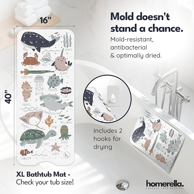 Homerella Baby Bath Tub Mat | Anti Mold Mildew Resistant Non Slip Kids and Adult Bath Tub Shower Mats | 40x16 inch Long with Suction Cups for Secure Grip Hooks for Storage & Drying | Machine Washable