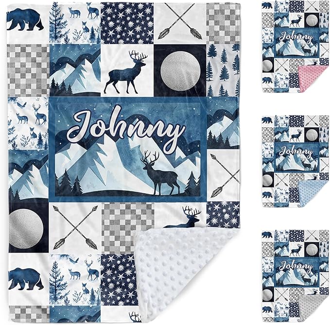 Personalized Woodland Deer Baby Blanket with Name, Custom Baby Name Blanket for Toddler Infant, Double Layer Receiving Swaddle, Customized Gifts for Newborn Shower Birthday Expect Mom(47"x60")