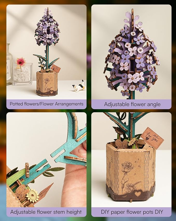 3D Flower Wooden Puzzles for Adults-Lilac, DIY Wooden Flowers Model Kit Building Set Crafts for Adults to Build, Botanical Collection/Ideal Creative Gift Ideas/Housewarming (154PCS)