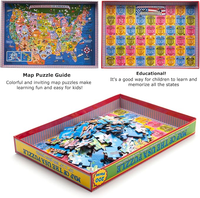 USA Map Puzzle for Kids - 200 Piece United States Puzzle - 50 States with Capitals for Kids Ages 4 and Up, America Jigsaw Puzzle Children’s Geography Puzzles Preschool Toys