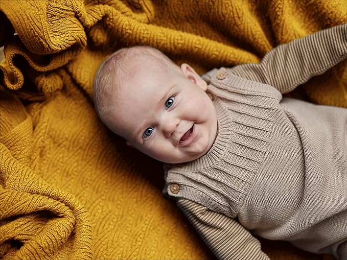 Knitted Organic Cotton Baby Blanket- Swaddle Blanket, 30" x 40" Soft Receiving Blanket for Newborn (Waves-Yellow)