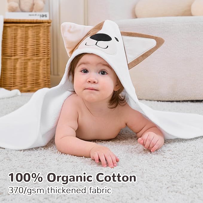 Viviland 2 Pack Hooded Baby Towels, Soft 100% Cotton Baby Bath Towels with Hood, Extra Thick and Absorbent, Essential for Newborns, Kids, Infants - Girls and Boys (Dog & Pink Rabbit)
