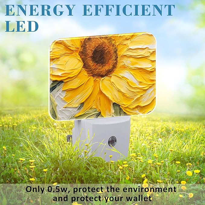 Sunflower Oil Painting Night Light Plug into Wall, Sunflower Night Light with Dusk to Dawn Sensor for Kid Girls Boys Women Men Bedroom, Hallway, Kitchen, Bathroom, Stairs Decor