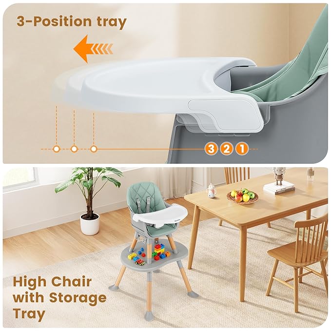 Ezebaby Convertible Baby High Chair with Table & Seat, 8-in-1 Adjustable Toddler Feeding Chair, Multi-Stage Infant to Kid Dining Booster Seat with Safety Harness, Easy to Clean & Sturdy Design(Green)
