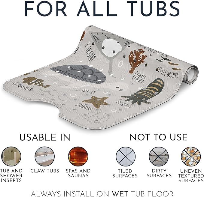 Homerella Baby Bath Tub Mat | Anti Mold Mildew Resistant Non Slip Kids and Adult Bath Tub Shower Mats | 40x16 inch Long with Suction Cups for Secure Grip Hooks for Storage & Drying | Machine Washable