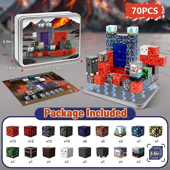 70PCS Magnetic Building Blocks Travel Toys for Kids Ages 4-8, Lava Portal Mini Magnetic Blocks with Iron Storage Box, Portable Magnet Cubes STEM Learning Set for Toddler Boys Girls Ages 3+
