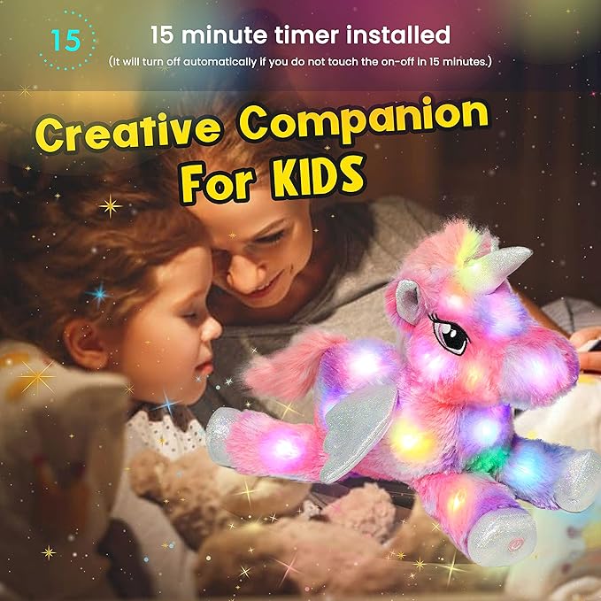 Hopearl Colorful LED Plush Unicorn Light up Stuffed Animal Floppy Night Lights Glow in The Dark Birthday Festival for Kids Toddler Girls, Rainbow, 16''