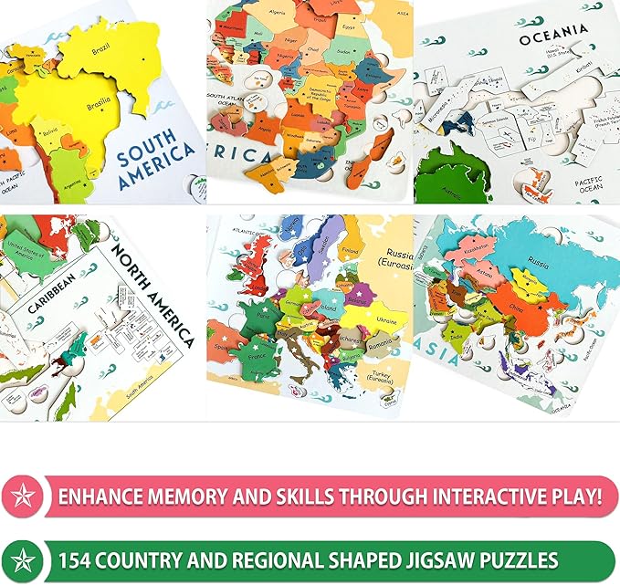 Geography Puzzle Book with Mnemonics | Magnetic World Map Puzzles for Kids & Adults (Ages 6+) | Learn Countries & Capitals with 154 Country-Shaped Puzzles, 200 Memory Tricks & 7 Maps