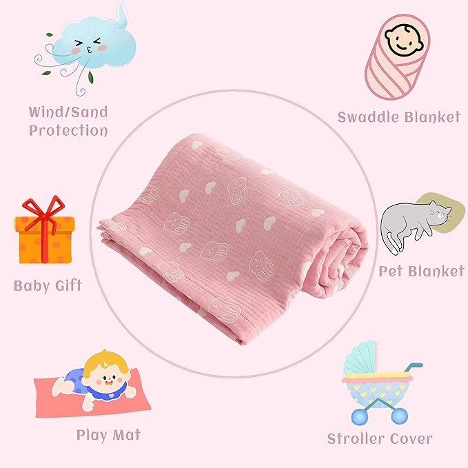 NTBAY 3 Layer Muslin Cotton Toddler Blanket, Jacquard Reversible Nursery Bed Blanket, Super Soft and Thermal for All Seasons, Decoration Gift, 30"x40", Pink Rabbit