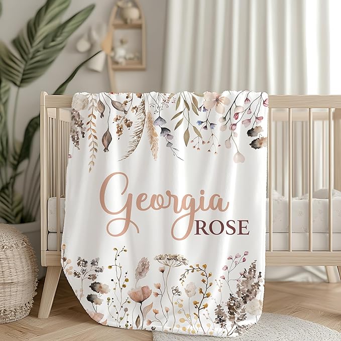 Personalized Baby Blanket for Girl, Baby Girl Blankets, Floral Custom Name Blanket for Girls, New Mom Newborn Gift, Birthday