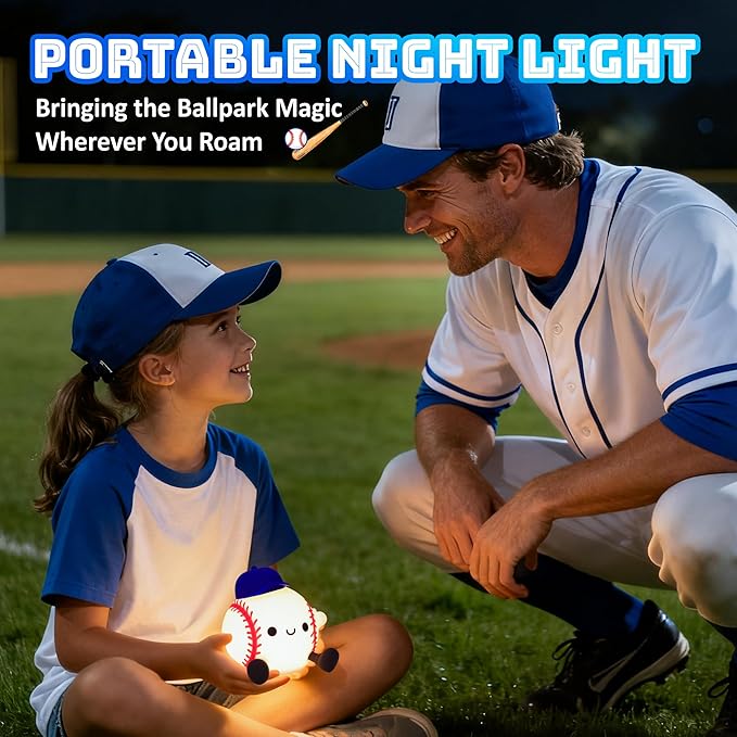 Lampeez Baseball Night Light, Soft Silicone Touch Lamp, Cute LED Nursery Nightlight & Bedroom Decor, Xmas Birthday Gift for Boys, Girls and Baseball Fans, Creates Soothing Glow for Bedtime