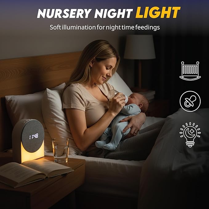 4 in 1 Sound Machine with Digital Clock & Night Light, White Noise Machine, 32-Level Volume, Memory & Timer, Rechargeable Battery, Portable for Baby, Adults, Travel & Office