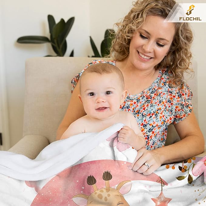 FLOCHIL Personalized Baby Blanket for Girls, Custom Baby Blanket with Name, Customized Baby Products, Gift for Baby, Newborn, Baby Shower (Giraffe)