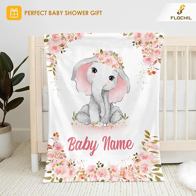 FLOCHIL Personalized Baby Blankets, Custom Baby Blanket - Baby Blanket with Name for Girls, Best Gift for Newborn Elephants Plush Fleece (30x40)