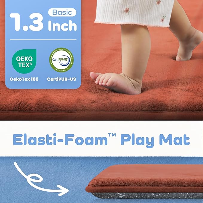 1.3" Thick Baby Floor Play Mat 50x50, Basic Padded Foam Mat for Tummy Time Crawling, Non Slip Cushioned for Babies Toddlers Infants Kids (Coral)