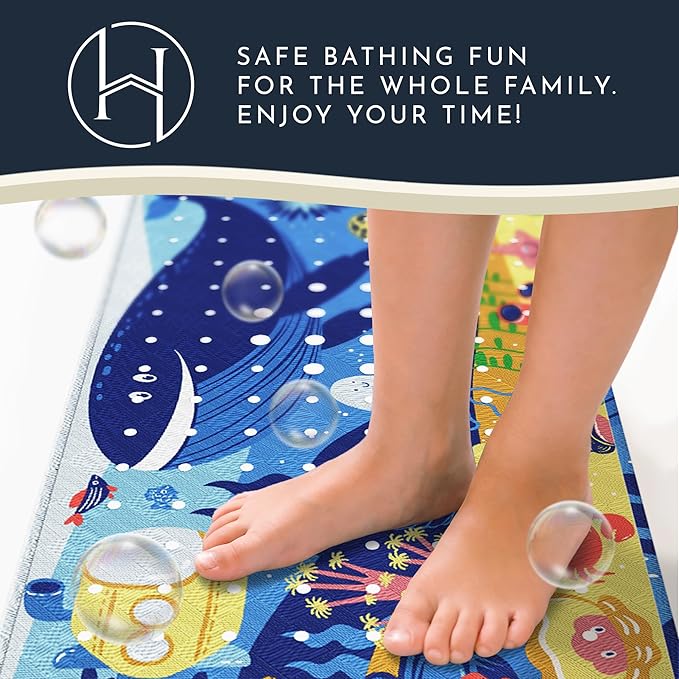 Homerella Baby Bath Tub Mat | Anti Mold Mildew Resistant Non Slip Kids and Adult Bath Tub Shower Mats | 40x16 inch Long with Suction Cups for Secure Grip Hooks for Storage & Drying | Machine Washable