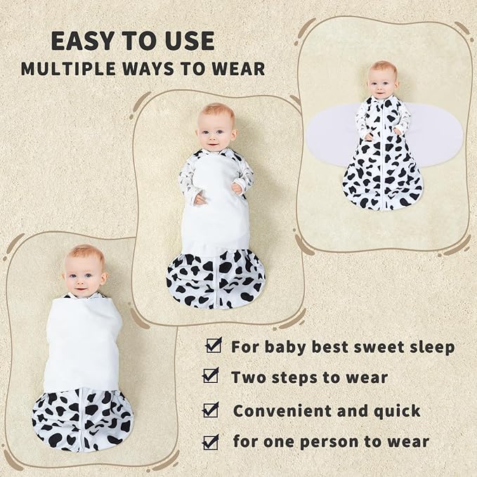 Newborn Sleep Sack Baby Swaddle,3-Way Adjustable Wearable Blanket,100% Rayon Cotton Swaddling Sleeping Bag. (Cloud & Cow Print, 3-6 Months)