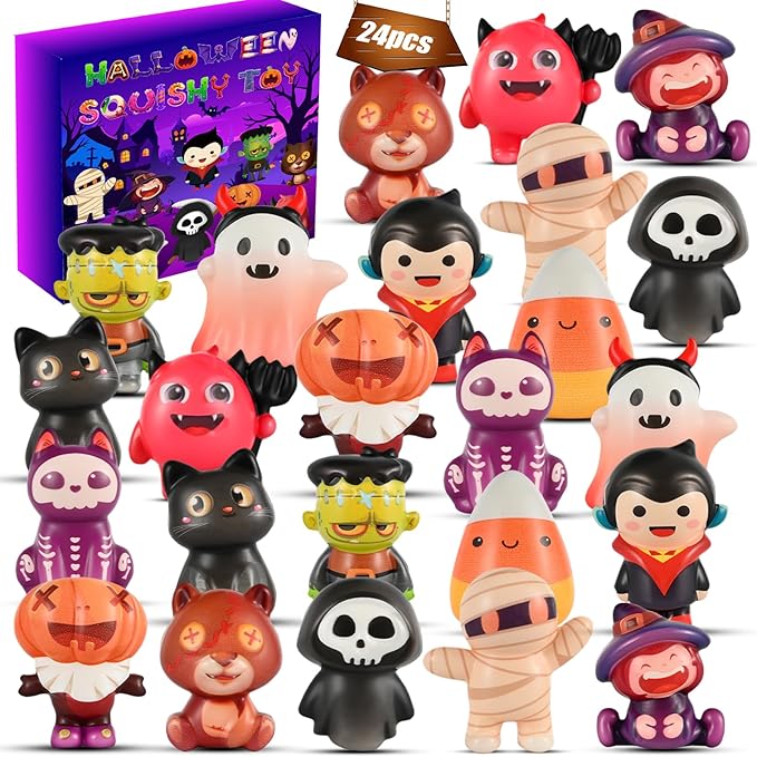 24PCS Halloween Squishy Toys for Party Favors, Treat or Trick Goodie Bags Pinata Fillers Halloween Boo Spooky Basket Stuffers Classroom Prizes Gifts for Kids