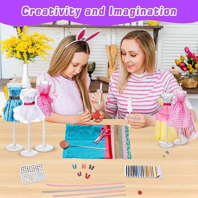 Anpro 650+Pcs Fashion Designer Kit for Girls with 2 Mannequins, DIY Arts & Crafts Kit for Girls Age 6-12 Toys, Doll Clothes Making Sewing Kit -Pink