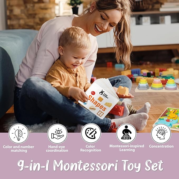 Pine Bunny Montessori Wooden 11-in-1 Toy Set for 13+ Months 3-in-1 Coins Carrots Matchsticks box Shape Sorter Bunny Doll Sand Hammer Animal Puzzle Educational Learning and Problem Solving Toddler Toys