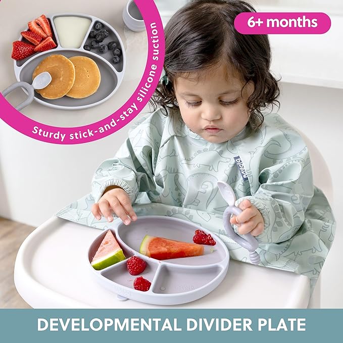 BIBaDO - Silicone Suction Divider Plate (Mist) - Toddler Plates - Help Develop Motor Skills - Durable, Dishwasher & Microwave Safe, BPA Free - Medical Grade - Baby Essentials - 6 Months to 3 Years