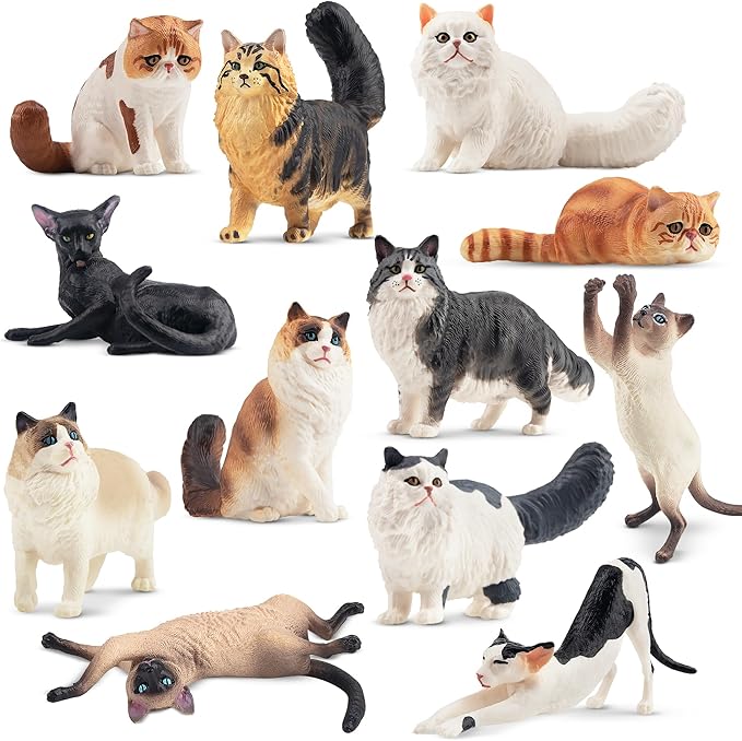 12PCS Realistic Cat Figurines, Plastic Cat Figure, Cat Cake Topper Kitten Toy Halloween Christmas Birthday Gift for Kids and Children