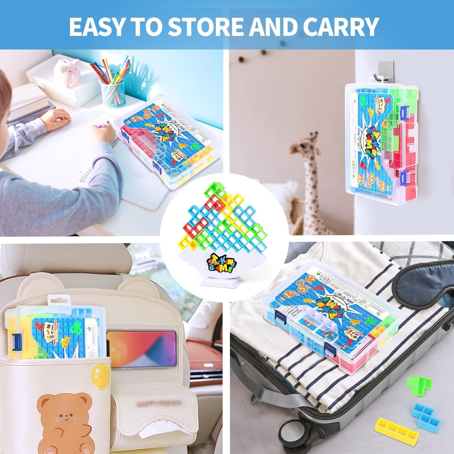 48PCS Stack Game for Adult & Kids, Tetra Board Tower Games for Family Travel Party, 2 Players Balance Stacking Toy, Team Toys Building Block